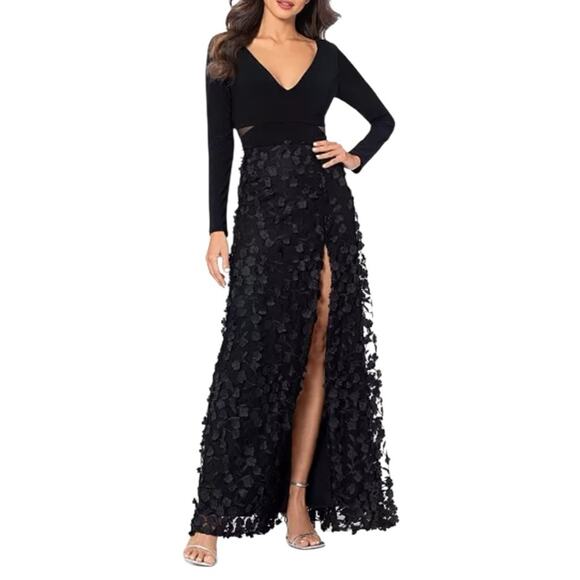 Xscape Black Gown V-Neck 3D Floral Illusion Jersey Top V-neck Women’s Size 14P - Picture 1 of 15